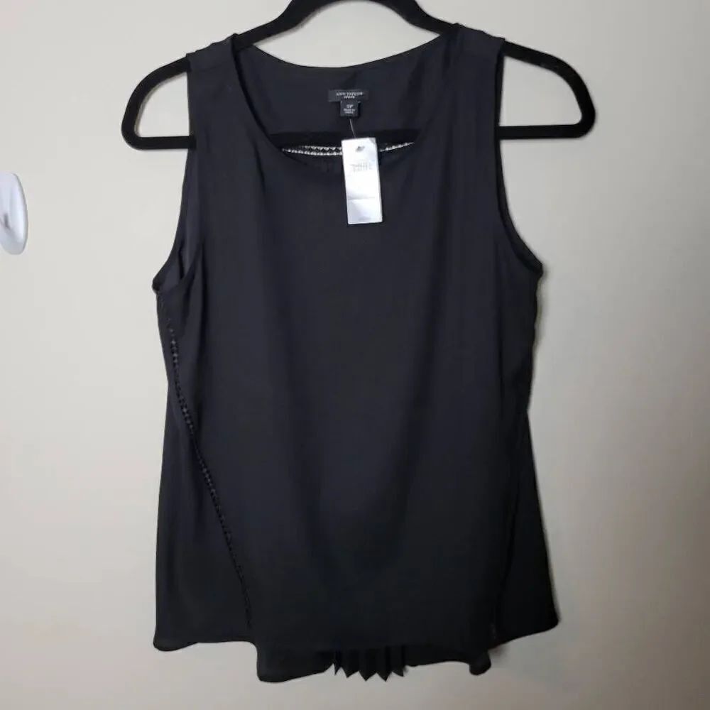 Ann Taylor Sleeveless Blouse Black Pinktick Pleats Small Petite NWT
